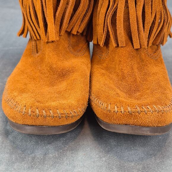 MINNETONKA 1632 Moccasin Boots 3 Layer FRINGE Brown Suede Leather 8 Boho Hippy - Picture 5 of 8